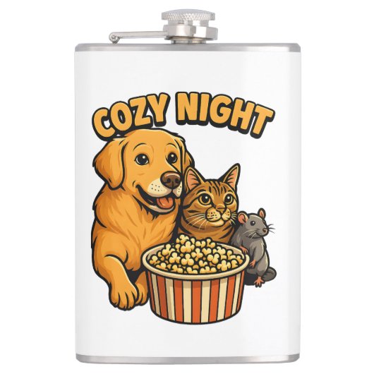 Cozy Night Movie Time – Cute Dog,Cat,Mouse Popcorn Heupfles (Voorkant)