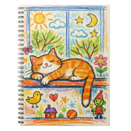 Cozy Orange Cat on Windowsill Whimsical Crayon Art Notitieboek
