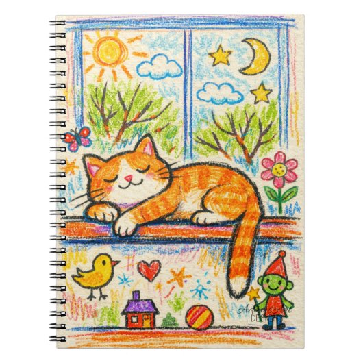 Cozy Orange Cat on Windowsill Whimsical Crayon Art Notitieboek (Voorkant)