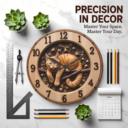 Cozy Orange Tabby Cat Wood Grote Klok