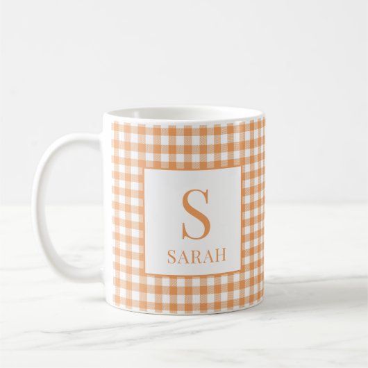 Cozy Oranje Gingham Plaid Monogram Naam Koffiemok (Links)