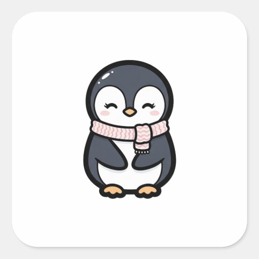 Cozy Penguin – Cute Kawaii Animal Illustration Vierkante Sticker (Voorkant)