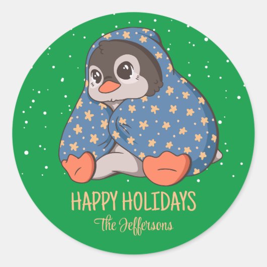 Cozy Penguin met Kerstmis Dierneeuwwintervakantie Ronde Sticker (Voorkant)