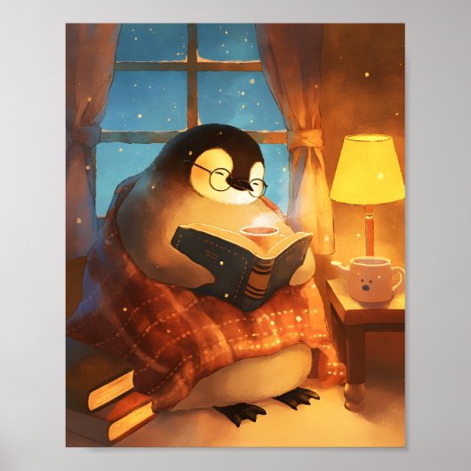 Cozy Penguin Reading Nursery Wall Art Print Poster (Voorkant)