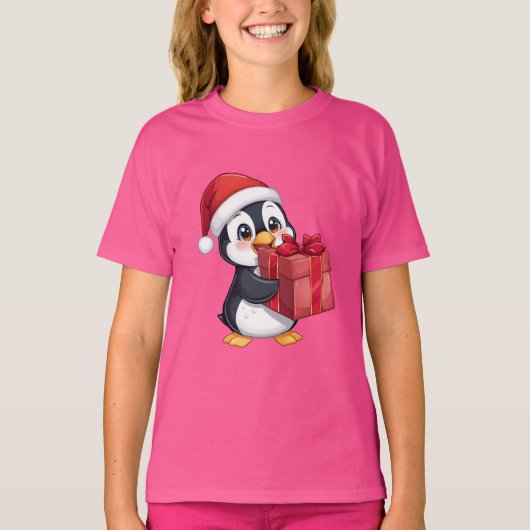 Cozy Penguin with Gift – Kids Christmas Tee T-shirt (Voorkant)