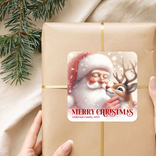 Cozy Personalized Santa and Rudolph Christmas Gift Vierkante Sticker