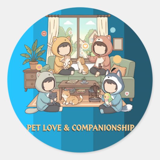 Cozy Pet Friends Chibi Anime Art Ronde Sticker (Voorkant)