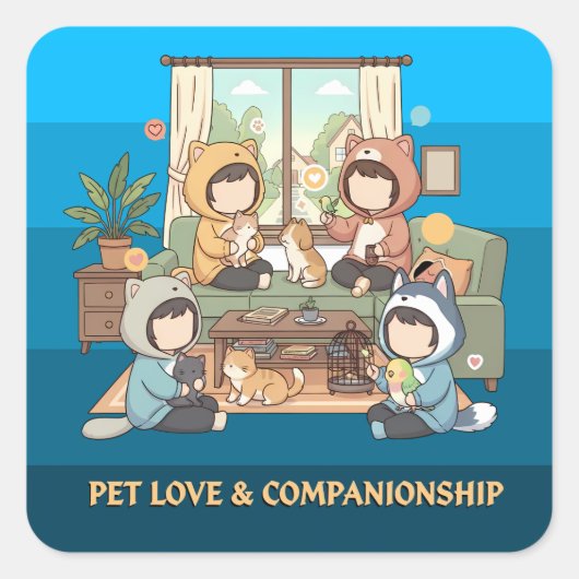 Cozy Pet Friends Chibi Anime Art Vierkante Sticker (Voorkant)