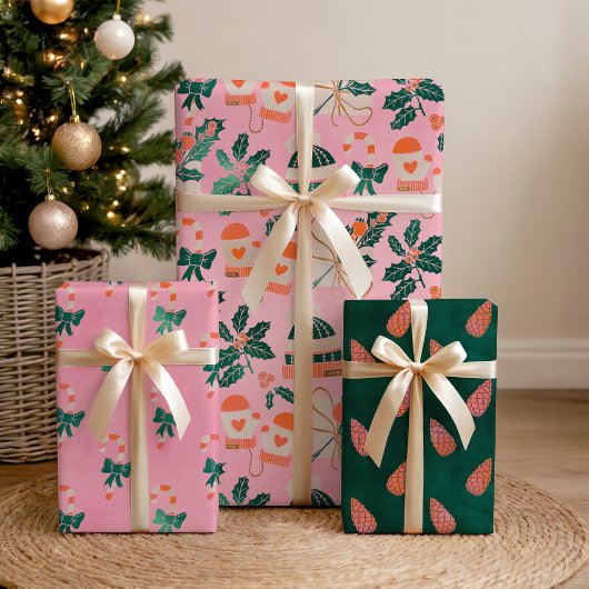 Cozy Pink Candy Canes & Natuur Inpakpapier Vel