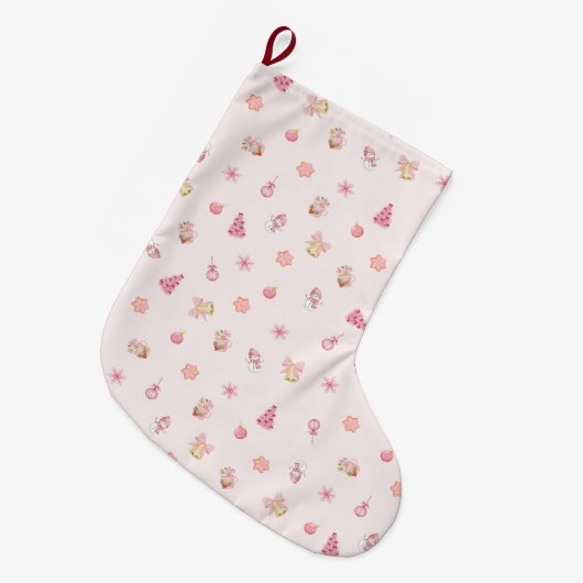 Cozy Pink Christmas Pattern Grote Kerstsok (Voorkant (Hangend))