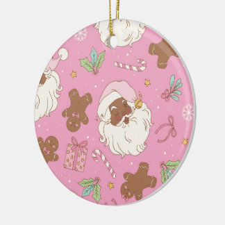 Cozy Pink Pastel Black Santa & Bow Christmas Keramisch Ornament