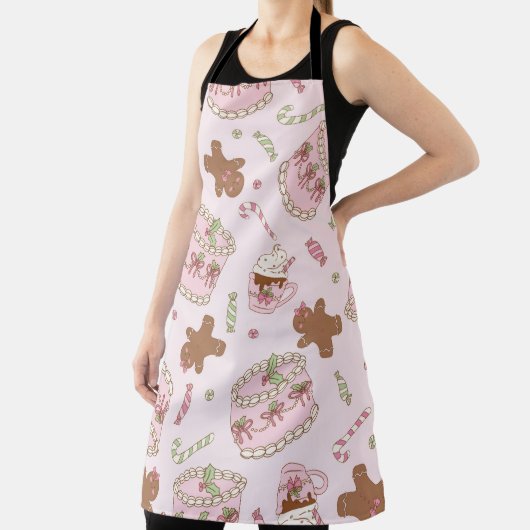 Cozy Pink Pastel Cake & Bow Christmas Apron Schort (Insitu)