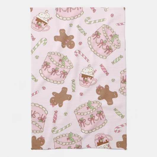 Cozy Pink Pastel Cake & Bow Christmas Apron Theedoek (Verticaal)