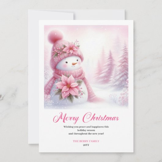 Cozy pink snowman Christmas kids card instant down Feestdagenkaart (Voorkant)