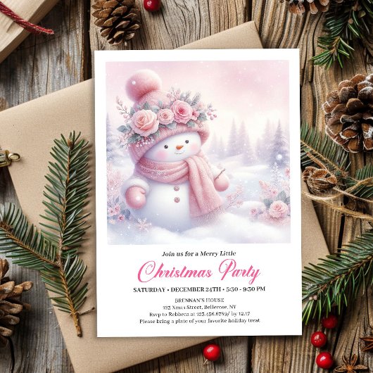 Cozy Pink Snowman Kids Download Christmas Invites Kaart