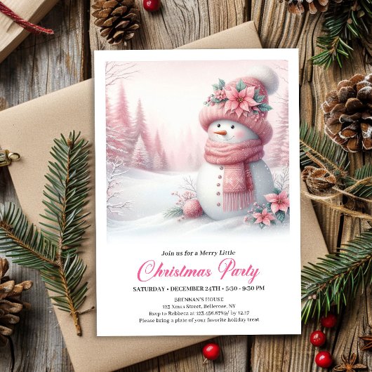 Cozy Pink Snowman Kids Editable Digital Christmas  Kaart