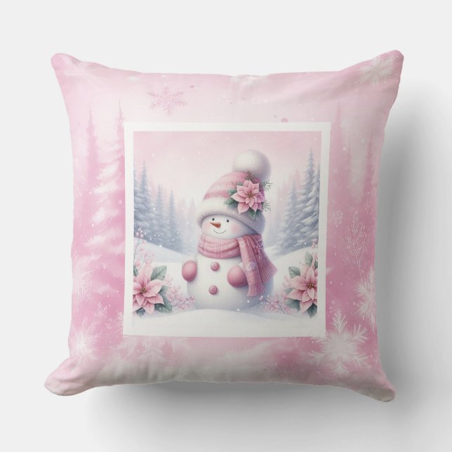 Cozy Pink Snowman Pinkmas Winter Scene Kids Pillow Kussen (Voorkant)