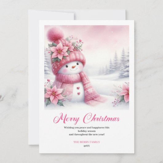 Cozy Pink Snowman Printable Christmas Scene Cards Feestdagenkaart (Voorkant)