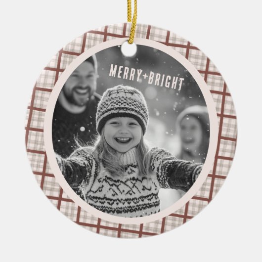 Cozy Plaid Gingham Christmas Custom Photos Keramisch Ornament (Voorkant)