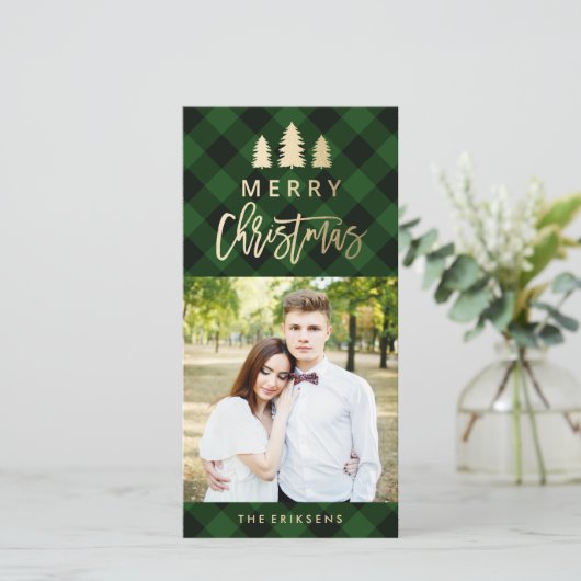 Cozy Plaid | Groene Kerst Foto Feestdagenkaart (Staand voorkant)