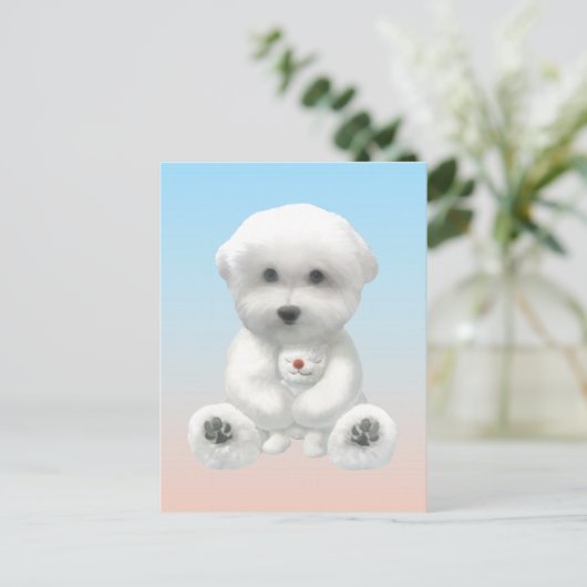 Cozy Plush Moment: Smiling Bichon Hugging Mini Pup Aankondigingskaart (Staand voorkant)