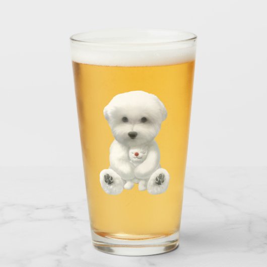 Cozy Plush Moment: Smiling Bichon Hugging Mini Pup Glas (Voorkant gevuld)
