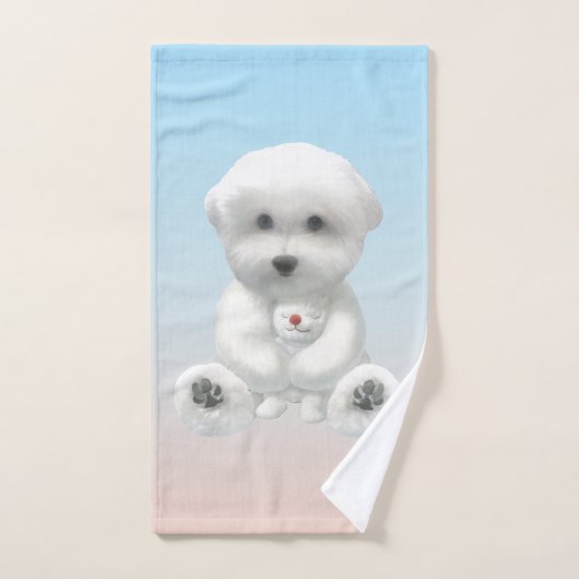 Cozy Plush Moment: Smiling Bichon Hugging Mini Pup Handdoek (Handdoek)