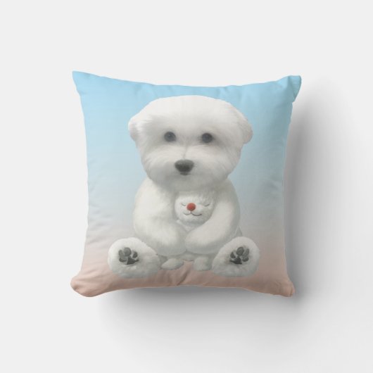 Cozy Plush Moment: Smiling Bichon Hugging Mini Pup Kussen (Voorkant)