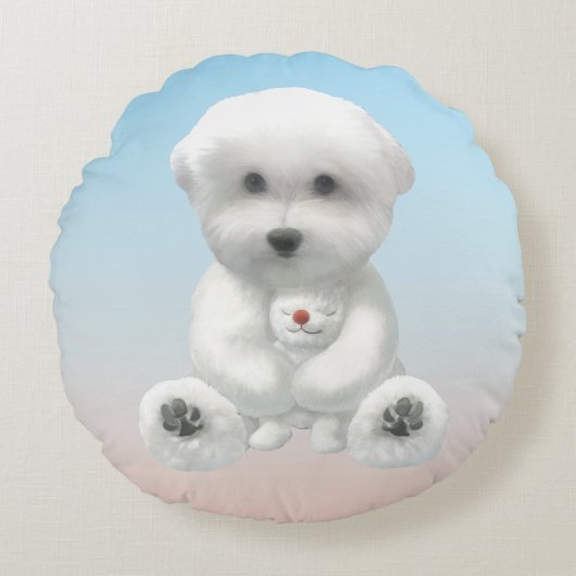 Cozy Plush Moment: Smiling Bichon Hugging Mini Pup Rond Kussen (Voorkant)