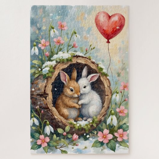 Cozy Rabbits Huddled with Valentine Balloon Legpuzzel (Verticaal)