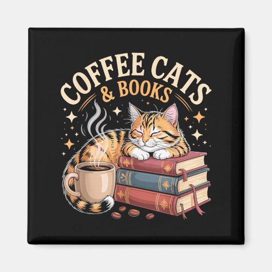 Cozy Reading Cat Coffee And Books Lover Artwork  Magneet (Voorkant)
