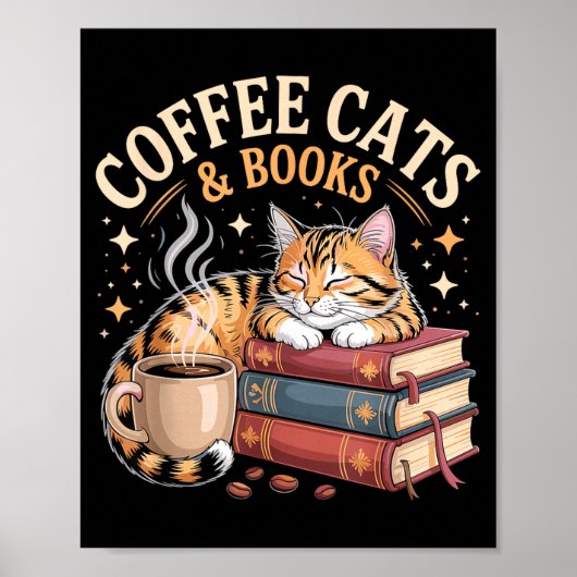 Cozy Reading Cat Coffee And Books Lover Artwork  Poster (Voorkant)
