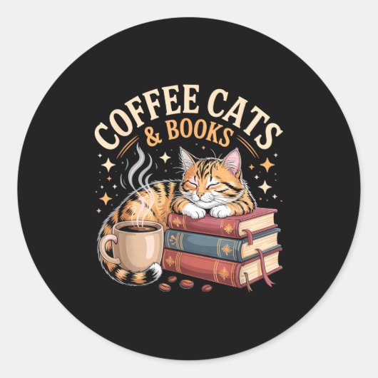 Cozy Reading Cat Coffee And Books Lover Artwork  Ronde Sticker (Voorkant)