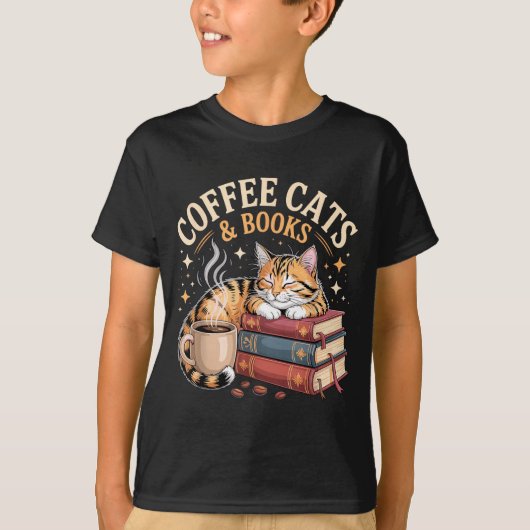 Cozy Reading Cat Coffee And Books Lover Artwork  T-shirt (Voorkant)
