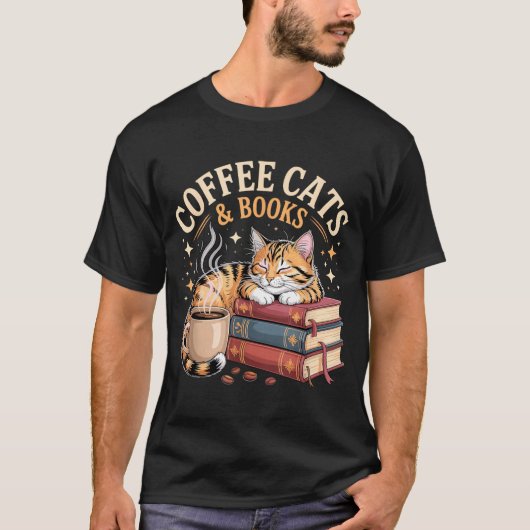 Cozy Reading Cat Coffee And Books Lover Artwork T-shirt (Voorkant)