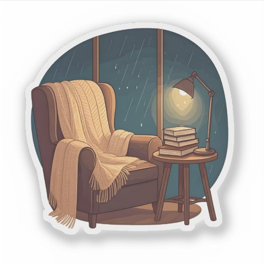 Cozy Reading Nook on Rainy Night Sticker (Voorkant)