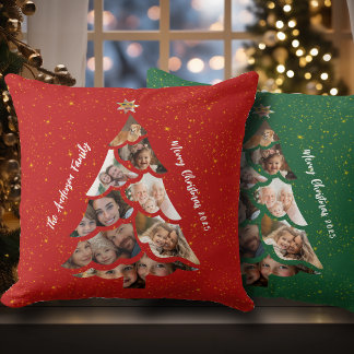 Cozy Red Green Christmas Tree Family Photo Collage Kussen