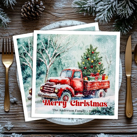 Cozy red truck Christmas scene rustic party napkin Servet
