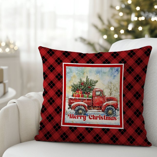 Cozy red truck holiday scene rustic red black kussen (Cozy red truck holiday scene rustic red black Throw Pillow)