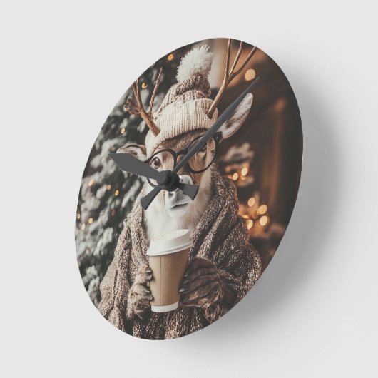 Cozy Reindeer Wall Clock with Coffee - Festive Win Ronde Klok (Hoek)