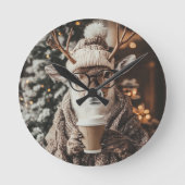 Cozy Reindeer Wall Clock with Coffee - Festive Win Ronde Klok (Voorkant)