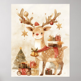 Cozy Reindeer with Christmas Gifts Wall Art Decor Poster