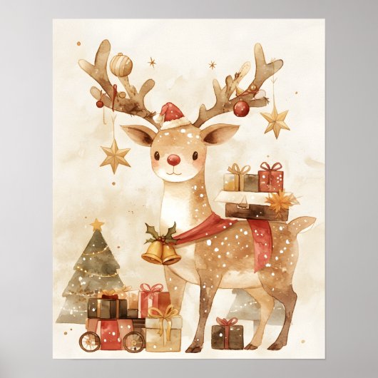 Cozy Reindeer with Christmas Gifts Wall Art Decor Poster (Voorkant)