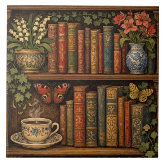 Cozy retro book shelf botanical coffee tea lover tegeltje (Voorkant)
