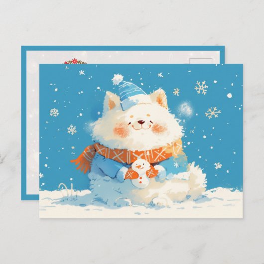 Cozy Samoyed Dog with Mini Snowman Briefkaart (Voorkant / Achterkant)