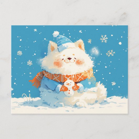 Cozy Samoyed Dog with Mini Snowman Briefkaart (Voorkant)