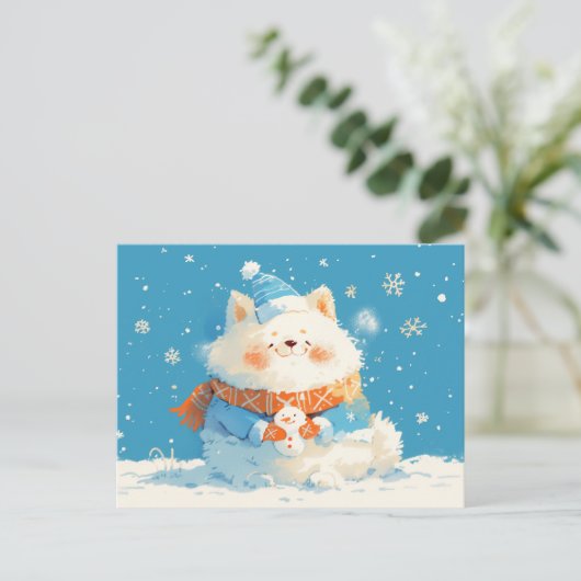 Cozy Samoyed Dog with Mini Snowman Briefkaart (Staand voorkant)