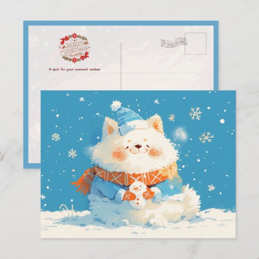 Cozy Samoyed Dog with Mini Snowman Feestdagenkaart (Voorkant / Achterkant)