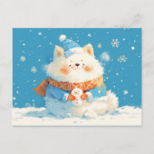 Cozy Samoyed Dog with Mini Snowman Feestdagenkaart (Voorkant)