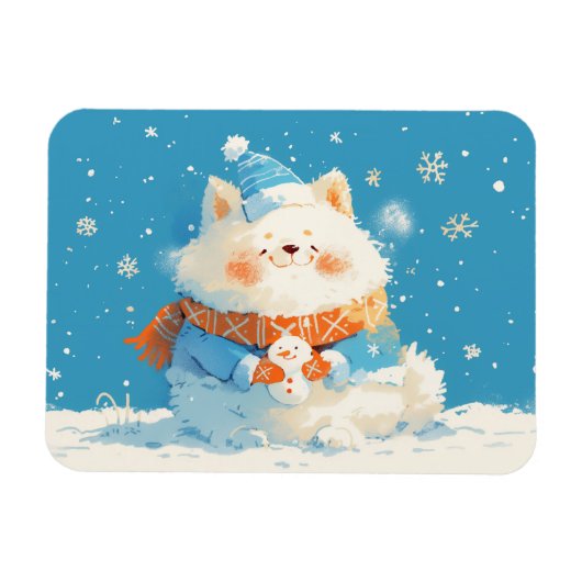 Cozy Samoyed Dog with Mini Snowman Magneet (Horizontaal)